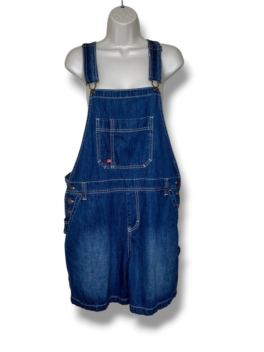 Dickies Women Denim Shortalls Size Large Blue Jean Overall Shorts 100% Cotton